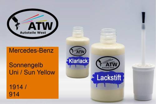 Mercedes-Benz, Sonnengelb Uni / Sun Yellow, 1914 / 914: 20ml Lackstift + 20ml Klarlack - Set, von ATW Autoteile West.